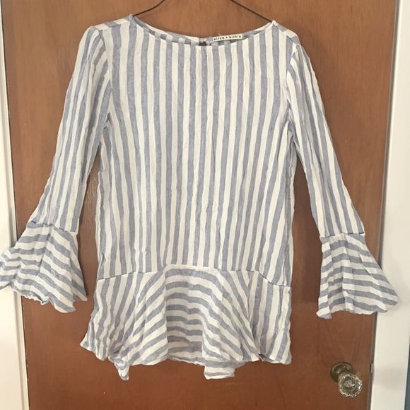 Revolve Alice + Olivia White Doyle Trumpet Sleeve Striped Blouse - Picture 11 of 13